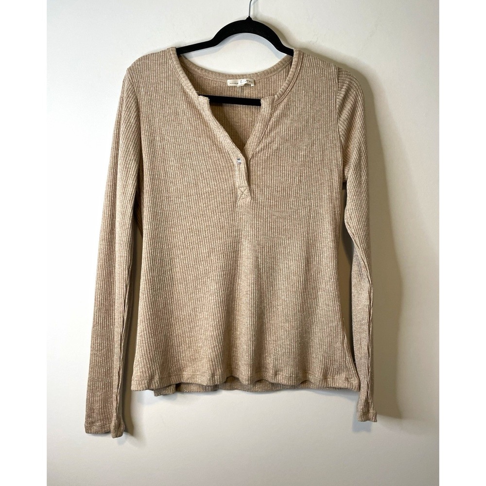 Nine Britton Sweater Women's XL Beige Rib Knit Henley V-Neck Pullover